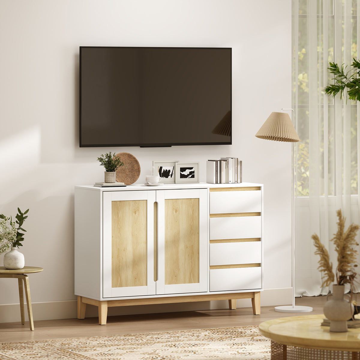 Buffet, meuble de rangement avec 2 portes et 4 tiroirs, étagère réglable, 120 x 40 x 86 cm, blanc et chêne-7