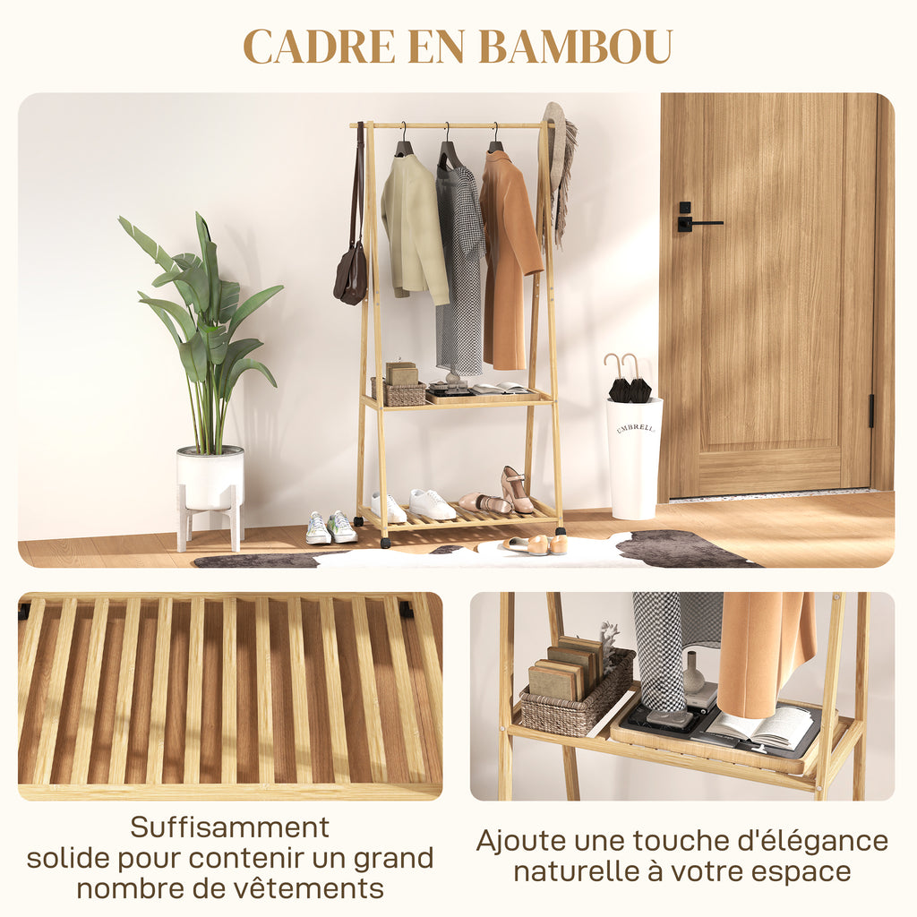 Portant à vêtement portemanteau en bambou sur roulettes avec 2 étagères et 2 crochets, pour entrée, chambre-5