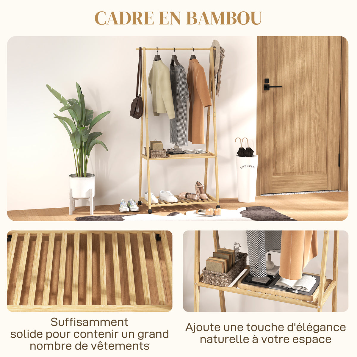 Portant à vêtement portemanteau en bambou sur roulettes avec 2 étagères et 2 crochets, pour entrée, chambre-5