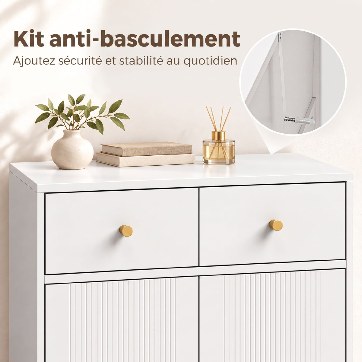 Buffet Salon, Meuble de Rangement avec 2 Portes, 2 Tiroirs, Étagères Réglables et Pieds en Métal, 80 x 39 x 86 cm, Blanc-6