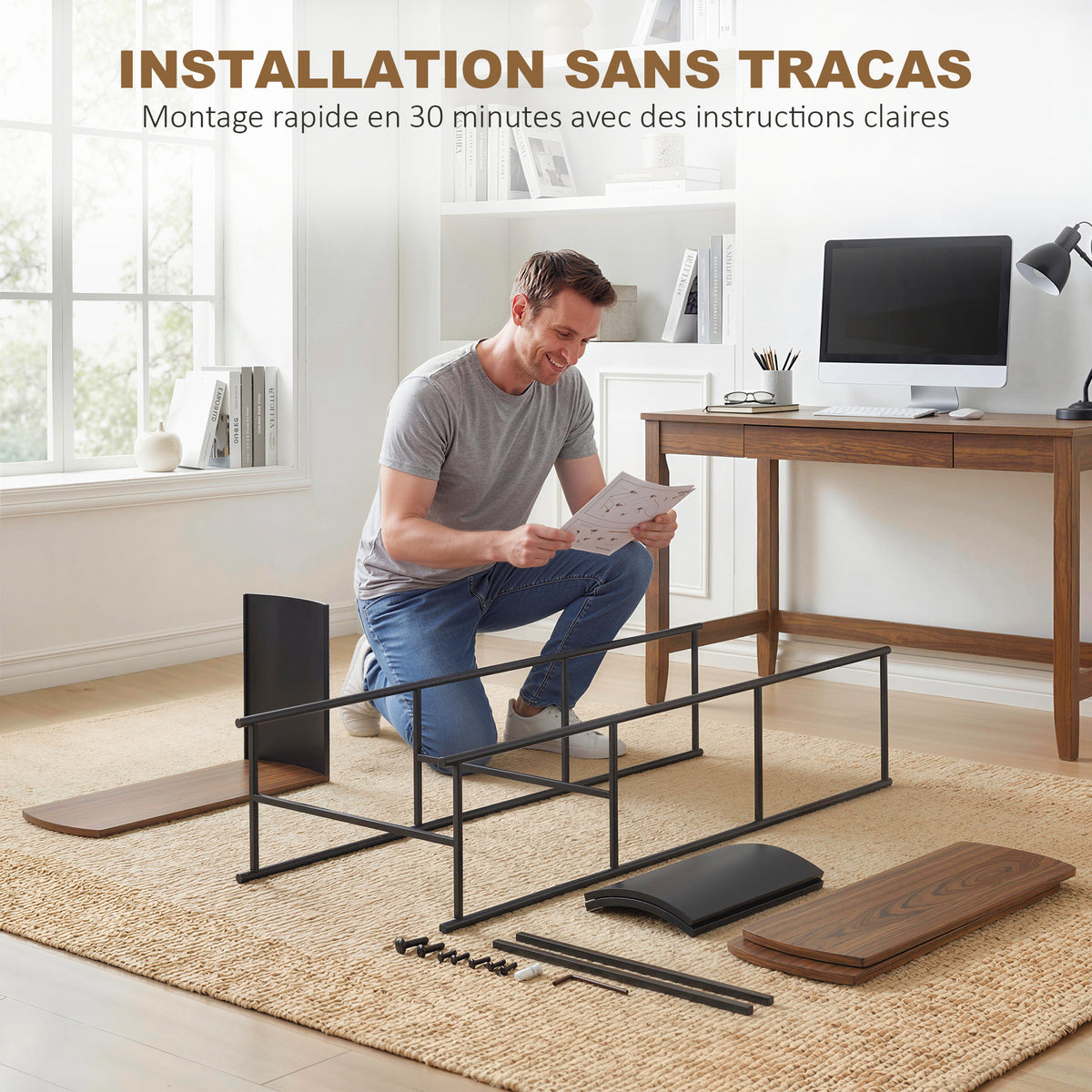 Étagère de rangement, bibliothèque à 4 niveaux avec panneaux latéraux incurvés, cadre en acier, 80x30x141cm, marron-6