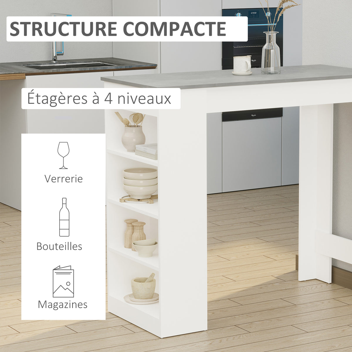 Table de bar pour 2 personnes, table haute mange debout avec 4 étagères ouvertes, 115x50x102,7cm, blanc et gris-3