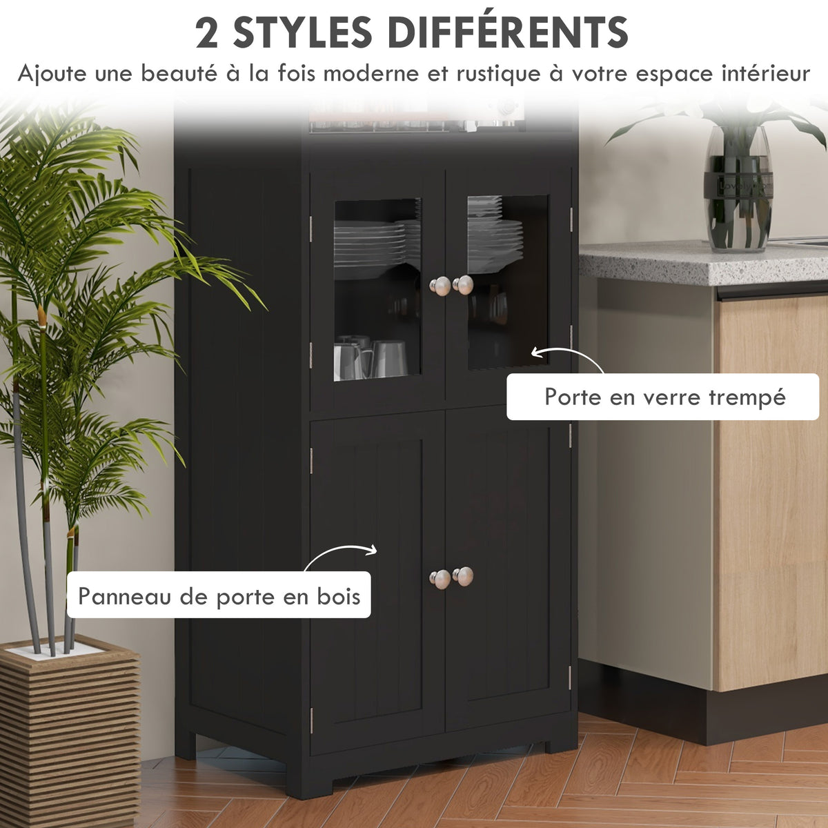 Armoire de cuisine buffet cuisine vaisselier meuble de rangement multi-rangements dim. 60I x 30P x 162H cm noir-4