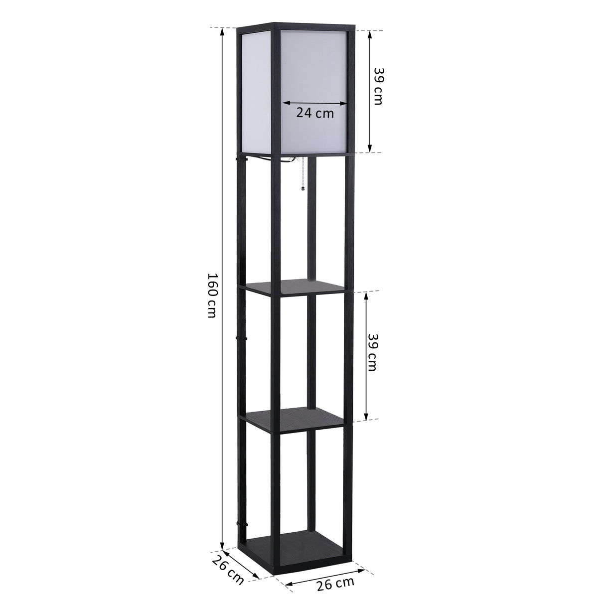Lampadaire étagère 26L x 26l x 160H cm 3 étagères 4 Niveaux MDF Noir-2