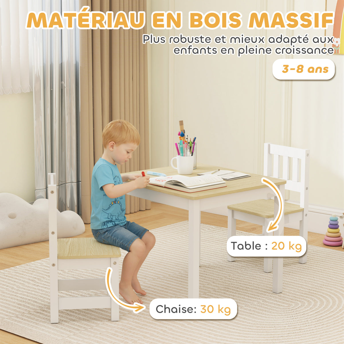 Table enfant avec chaise, lot table et 2 chaises enfant en bois pour dessiner, jouer, étudier, 56x52x48cm, bois naturel-5