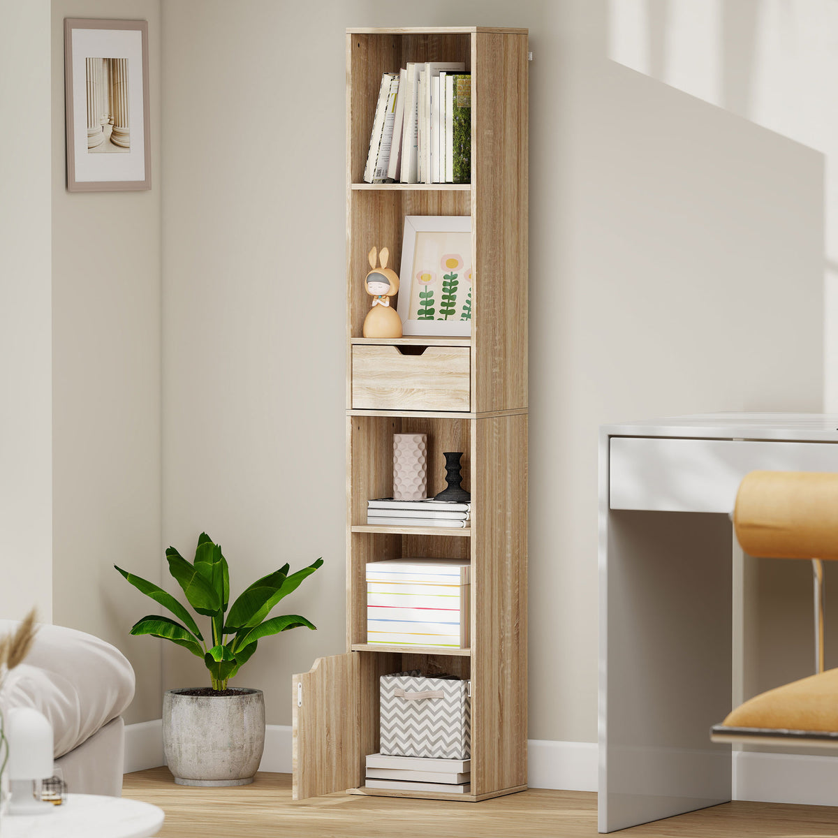 Bibliothèque, étagère à livres, meuble de rangement avec tiroir placard compartiments ouvertes, 30 x 24 x 158 cm naturel-8
