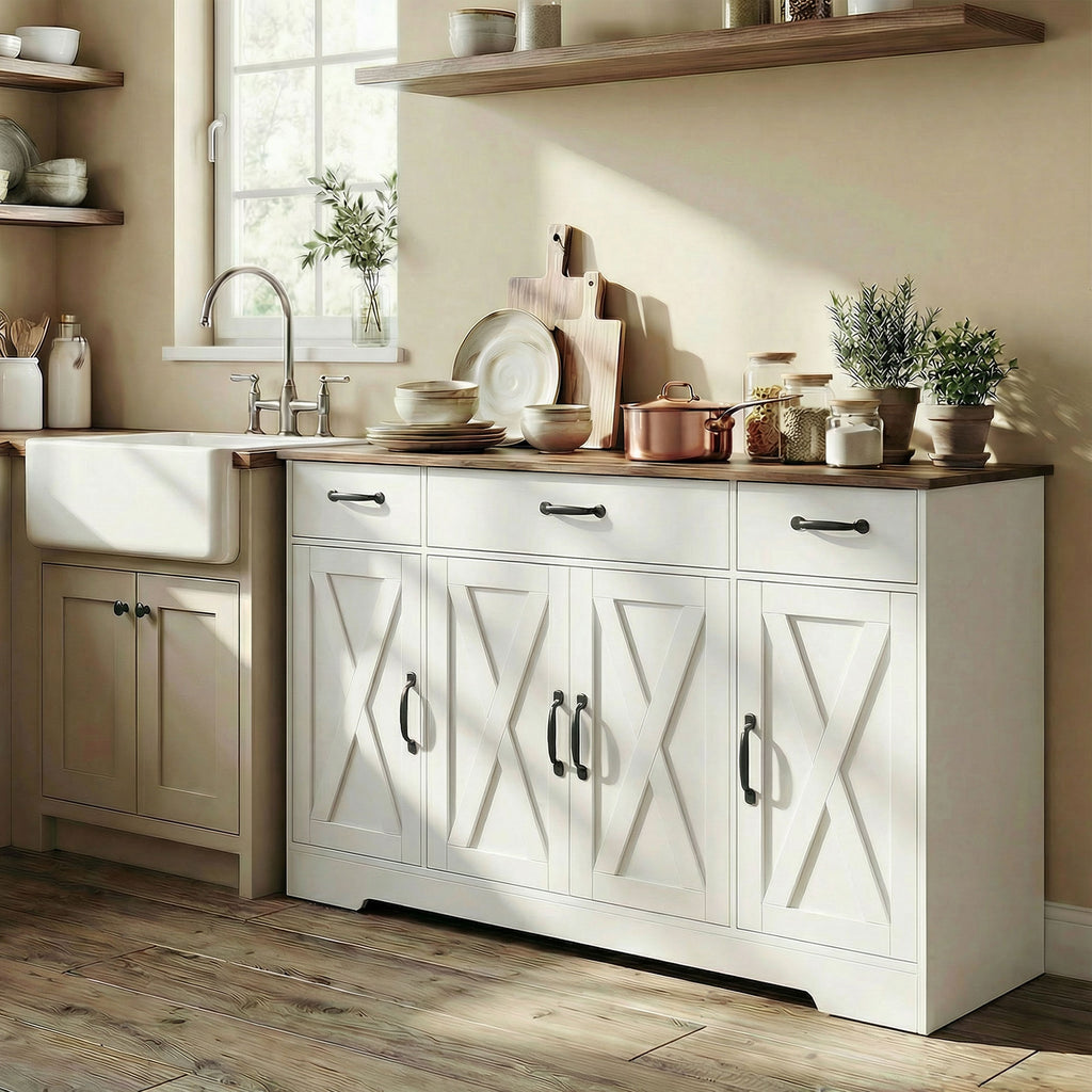 Buffet, meuble de rangement cuisine style ferme avec 4 portes de grange, 3 tiroirs, étagères ajustables, blanc-8
