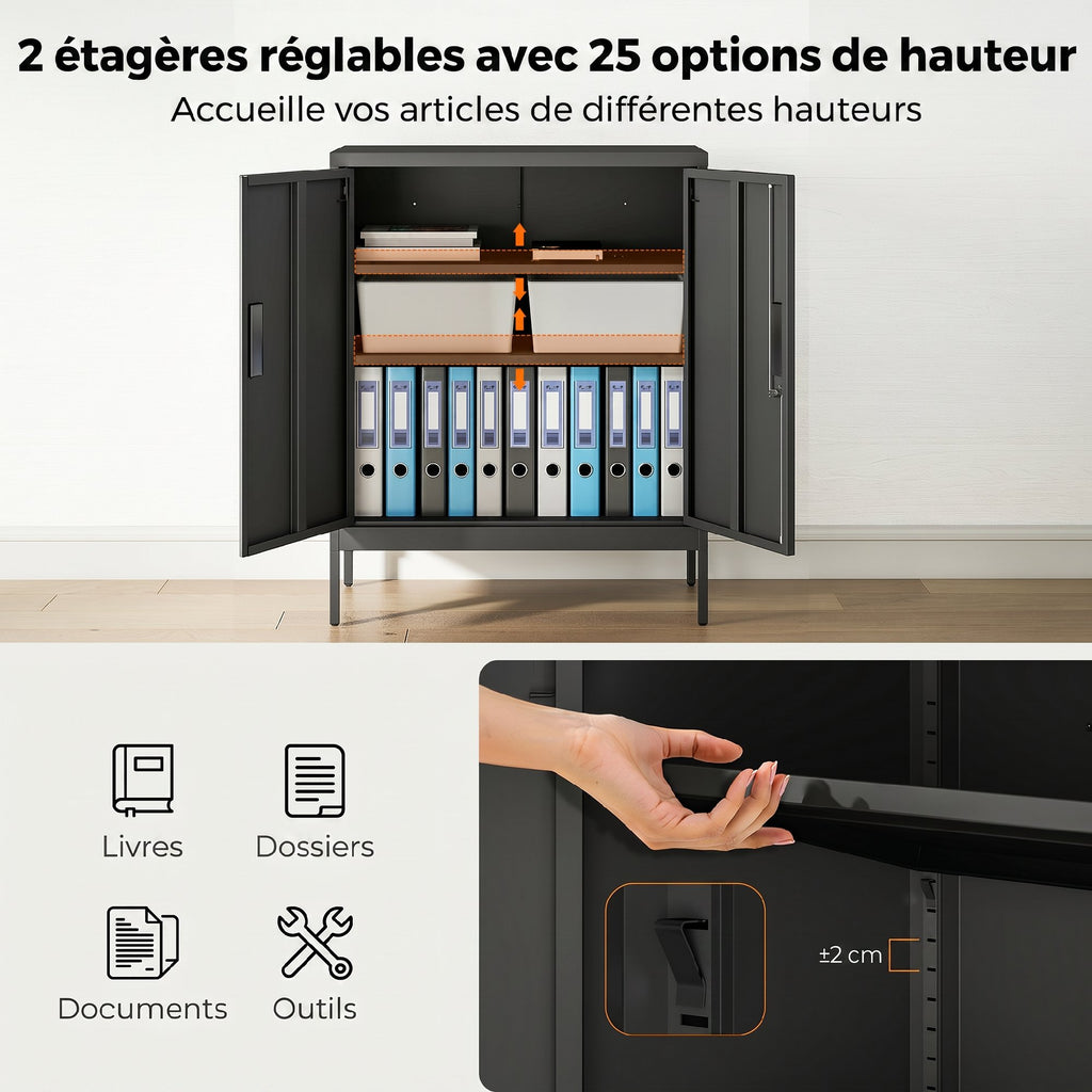 Armoire de Bureau Métallique, 80 x 40 x 100 cm, Meuble de Rangement, Serrure, 2 Portes et 2 Étagères Réglables, Noir-3
