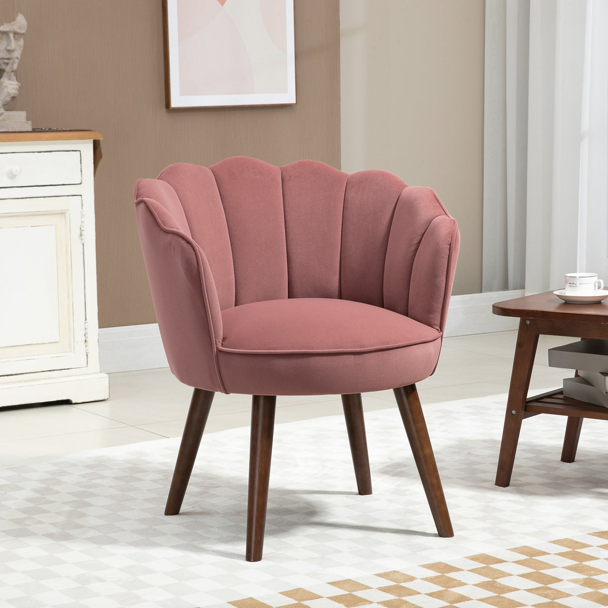 Fauteuil Coquillage Fauteuil de Salon Chambre avec Dossier et Coussin Aspect Velours Pieds en Bois hévéa 66L x-1