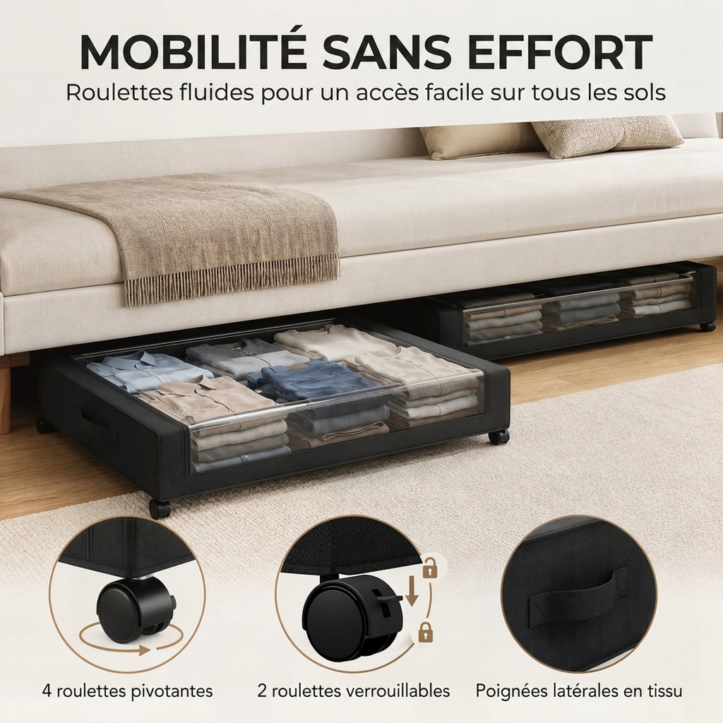 Boîte de Rangement sous Lit à Roulettes, Lot de 2, 40L, Fermeture Éclair, Cadre en Acier, Poignées, 78x44x16cm, Noir-5