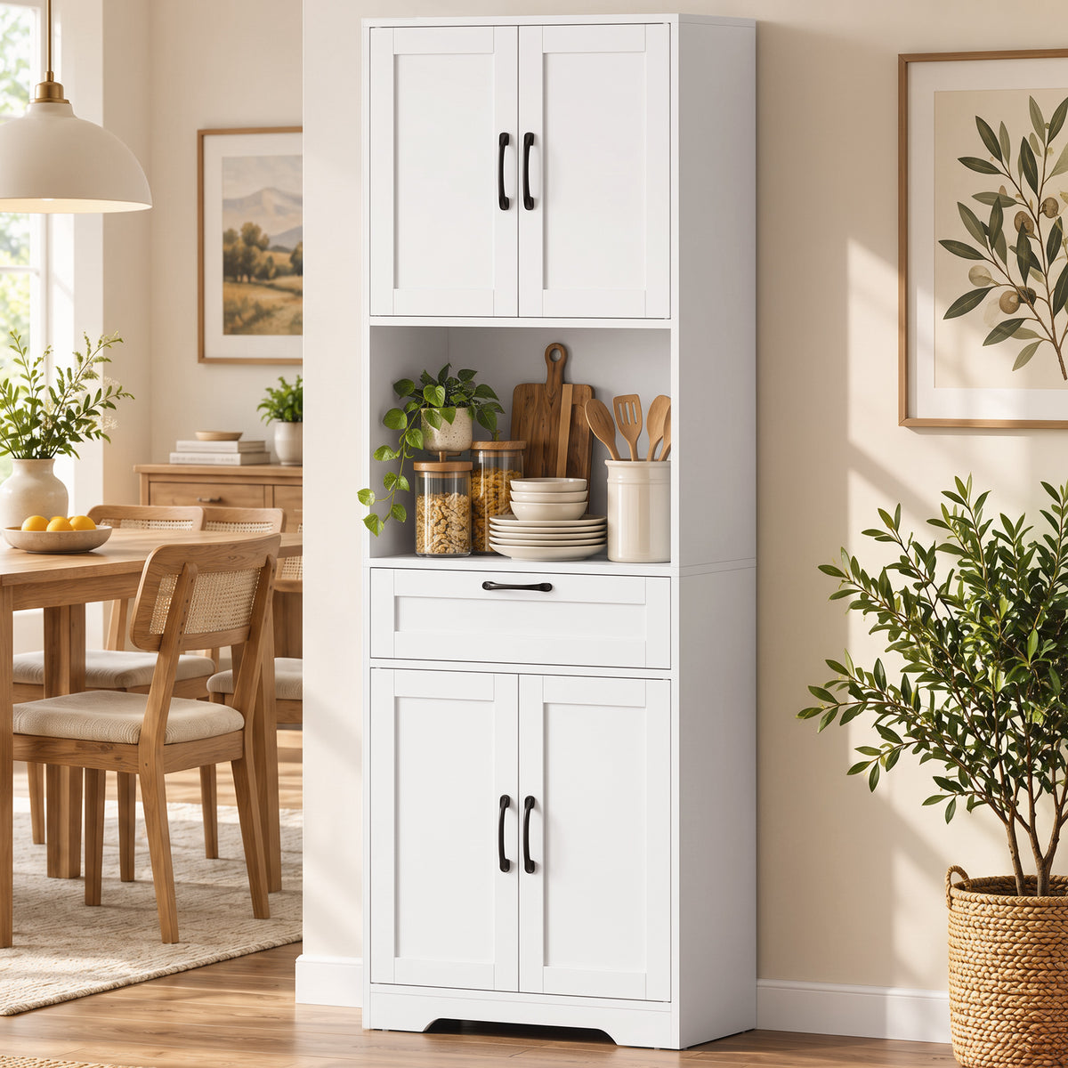 Buffet Haut Cuisine, Armoire Cuisine, 4 Portes à Fermeture Douce, Tiroir, Compartiment Ouvert, Étagères Réglables, Blanc-9