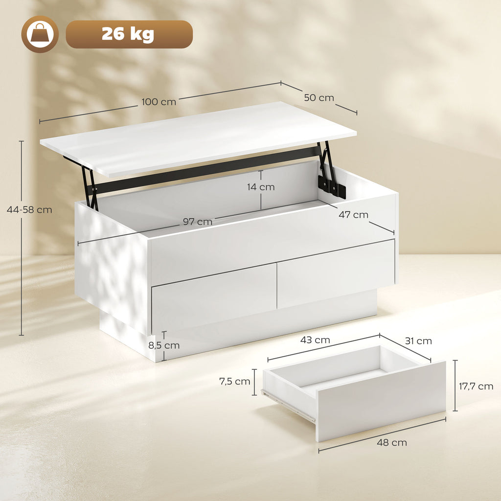 Table basse relevable, table de salon avec compartiment caché et 2 tiroirs, 100 x 50 x 44 cm, blanc-2