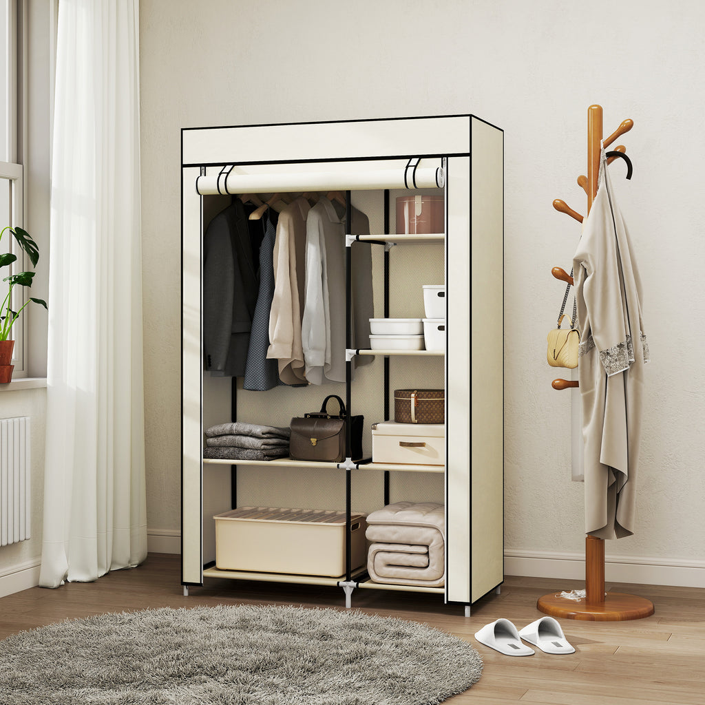Armoire penderie en tissu meuble de rangement tringle à vêtements et étagères ouvertes 103x43x162,5cm crème-1
