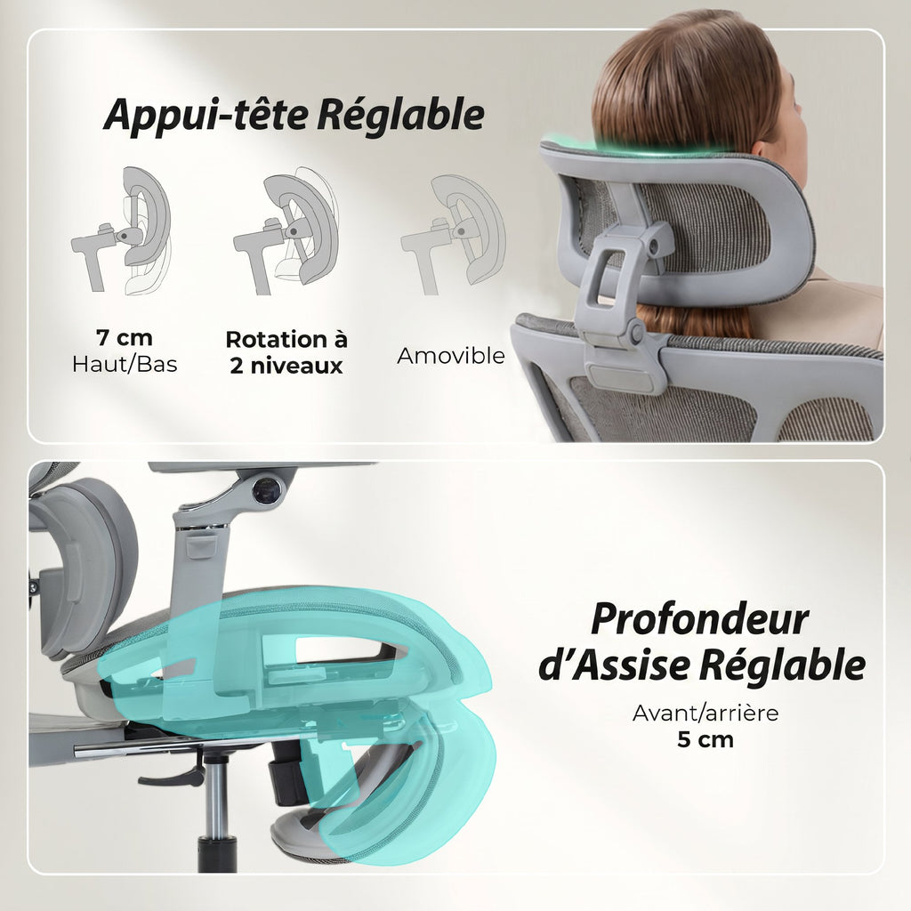 Chaise Bureau Ergonomique avec Accoudoirs 6D Appui-Tête et Profondeur d'Assise Réglables Maille Gris-5