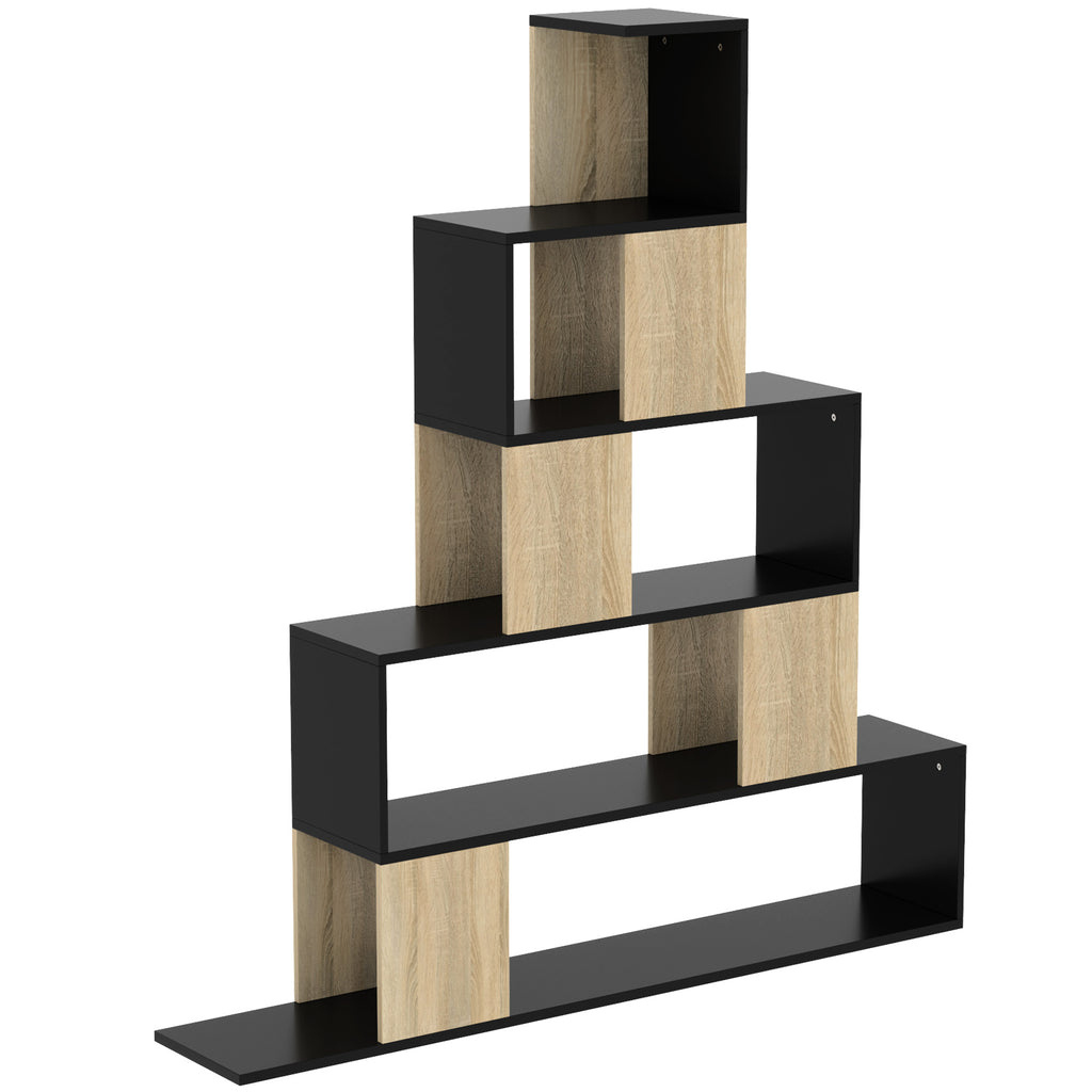 Étagère de rangement, bibliothèque géométrique à 5 niveaux, pour bureau, salon, chambre, noir et bois naturel-0