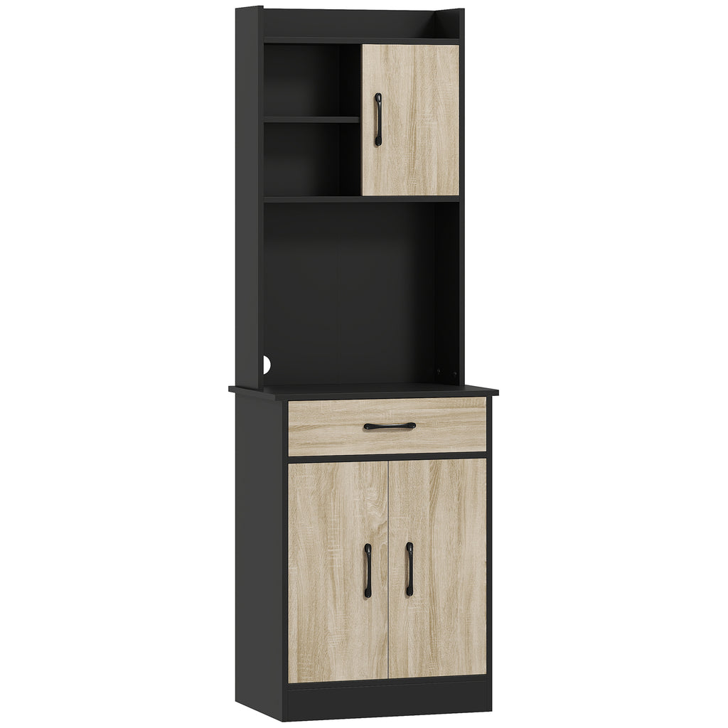 Buffet haut cuisine, armoire de cuisine, tiroir, 3 portes, étagères ouvertes, plan de travail, 60x40x180cm, bois naturel-0