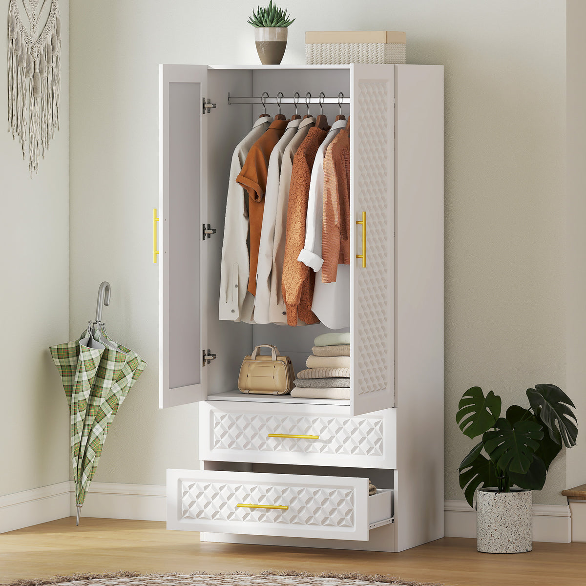 Armoire chambre penderie avec miroir, 2 tiroirs, 2 portes et barre de suspension, 80 x 50 x 180 cm, blanc-9