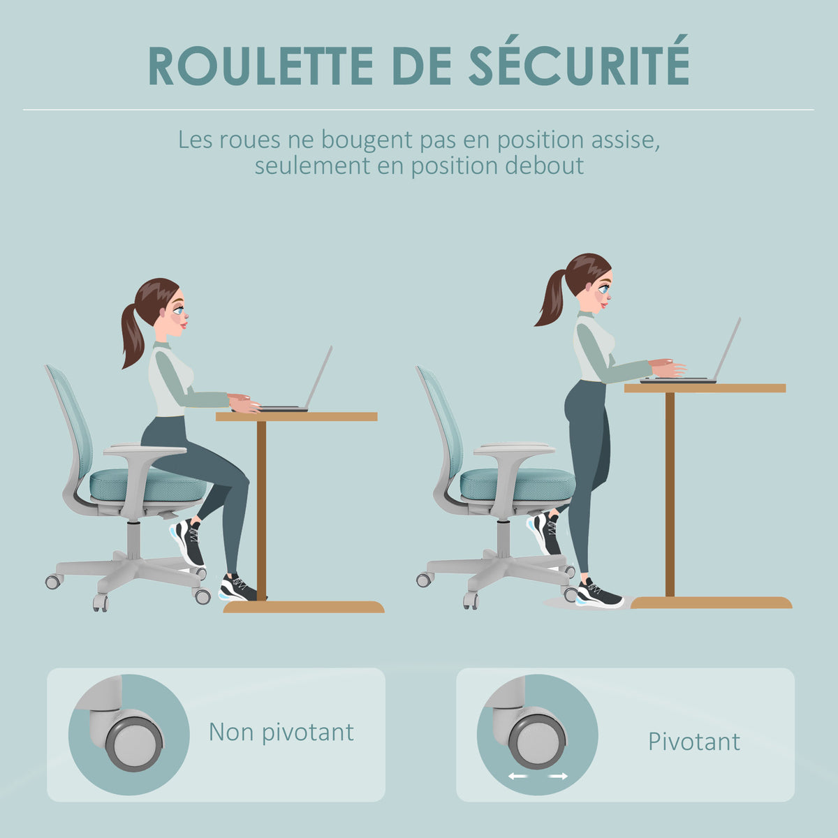 Fauteuil de bureau, chaise de bureau ergonomique en maille, hauteur réglable, 55x48x82,5-94,5cm, vert-3