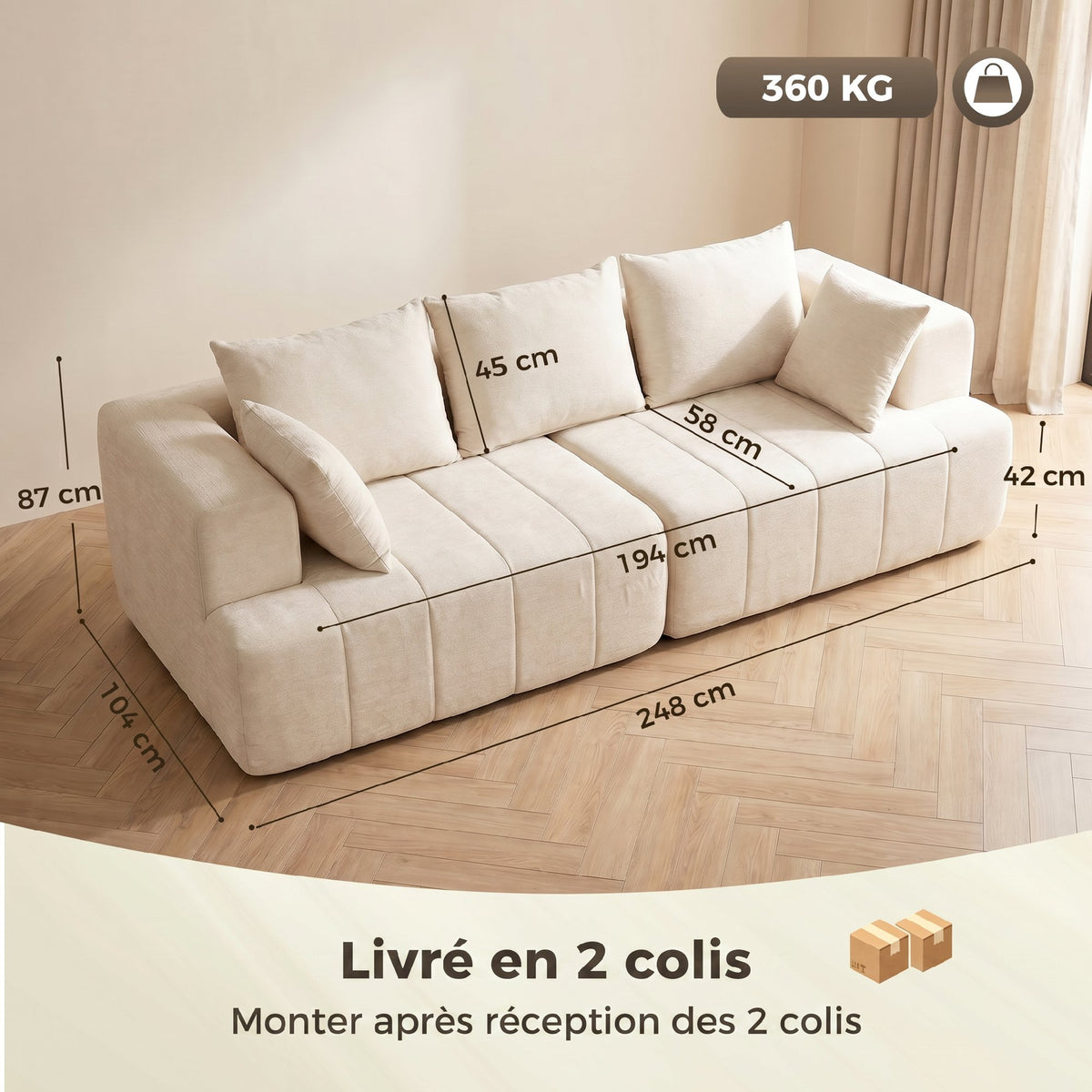 Canapé 3 places en chenille 248 cm, canapé salon moderne, large assise rembourrée, coussins à ressorts, beige-2