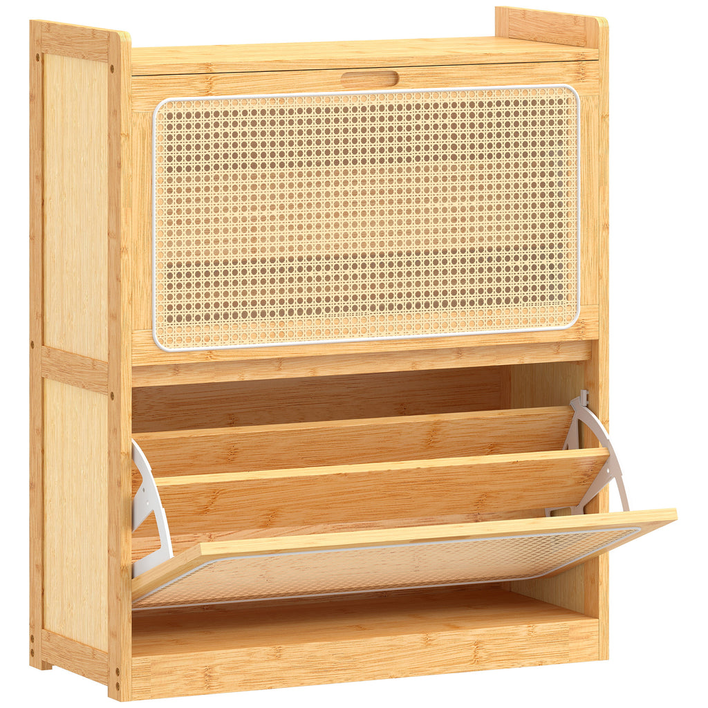 Meuble à chaussures 14 paires, armoire à chaussures 2 tiroirs rabattables, étagères réglables, 69x29x83cm, bois naturel-0