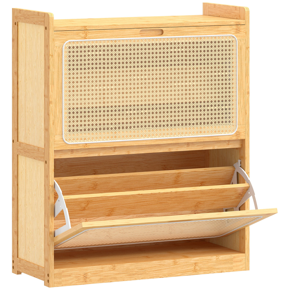 Meuble à chaussures 14 paires, armoire à chaussures 2 tiroirs rabattables, étagères réglables, 69x29x83cm, bois naturel-0
