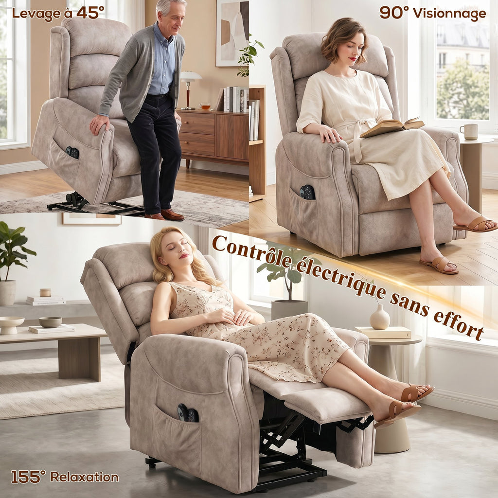 Fauteuil releveur électrique massage par vibrations et chaleur, fauteuil relax électrique en velours, 80x160x82cm, beige-3