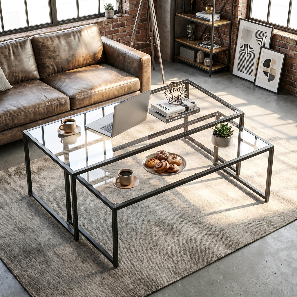 Lot de 2 tables basses gigognes tables de salon rectangulaires design en acier noir et plateaux en verre trempé-1
