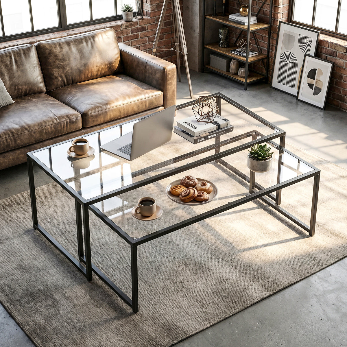 Lot de 2 tables basses gigognes tables de salon rectangulaires design en acier noir et plateaux en verre trempé-1
