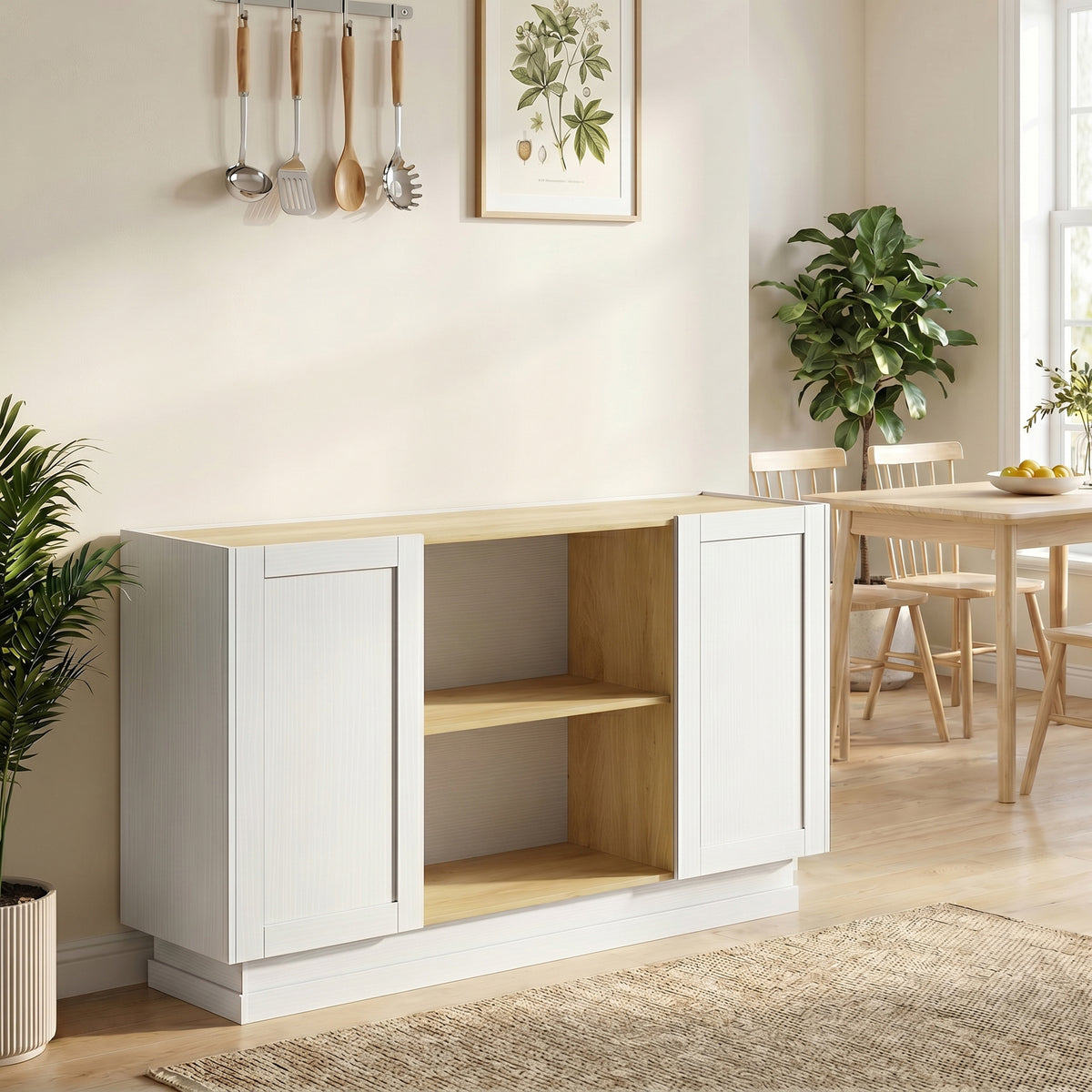 Buffet Cuisine, Meuble de Rangement avec 2 Portes et 2 Étagères Ouvertes, 133 x 35 x 79,7 cm, Bois Naturel et Blanc-1