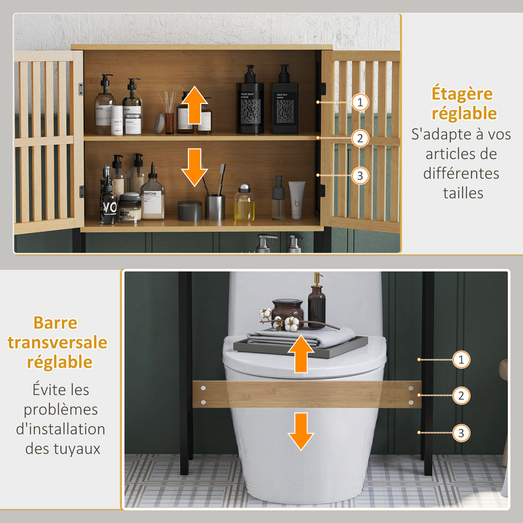 Étagère de toilettes meuble de salle de bain dessus toilette WC avec placard 2 portes et étagère ouverte bambou-6