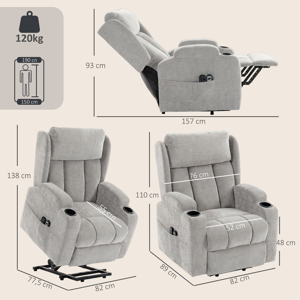 Fauteuil Releveur Électrique Massage et Chauffage, Fauteuil Relax Électrique en Chenille, Appui-tête Pliable, Gris Clair-2