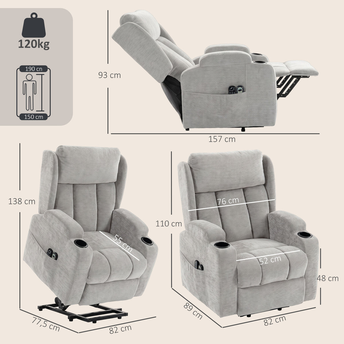 Fauteuil Releveur Électrique Massage et Chauffage, Fauteuil Relax Électrique en Chenille, Appui-tête Pliable, Gris Clair-2