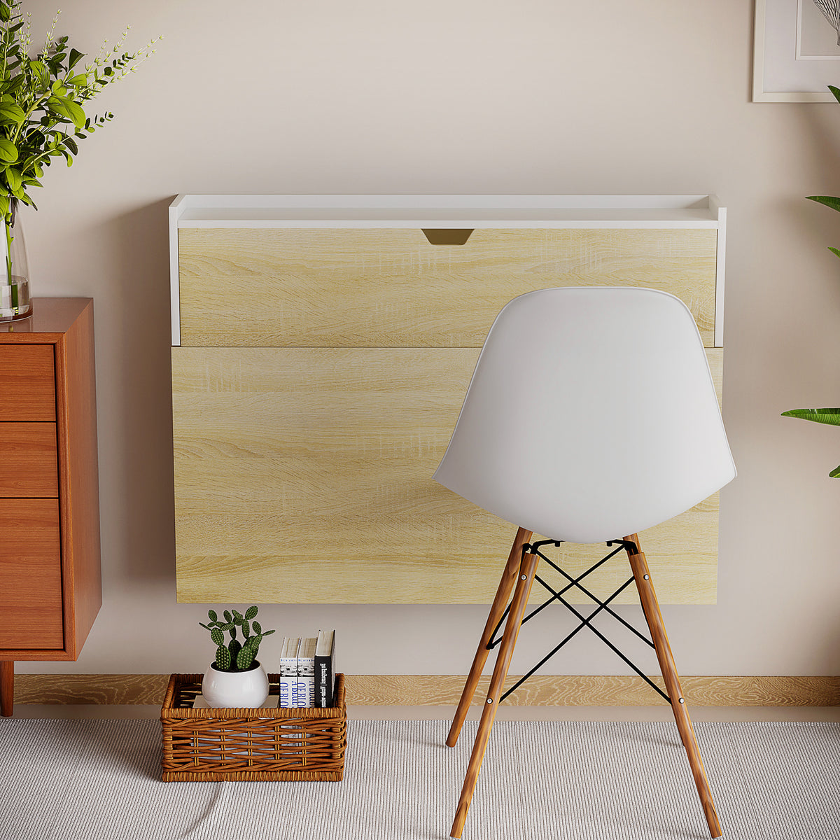 Bureau pliable mural avec étagères de rangement et placard, bureau rabattable, 100 x 18 x 74 cm effet bois naturel-6