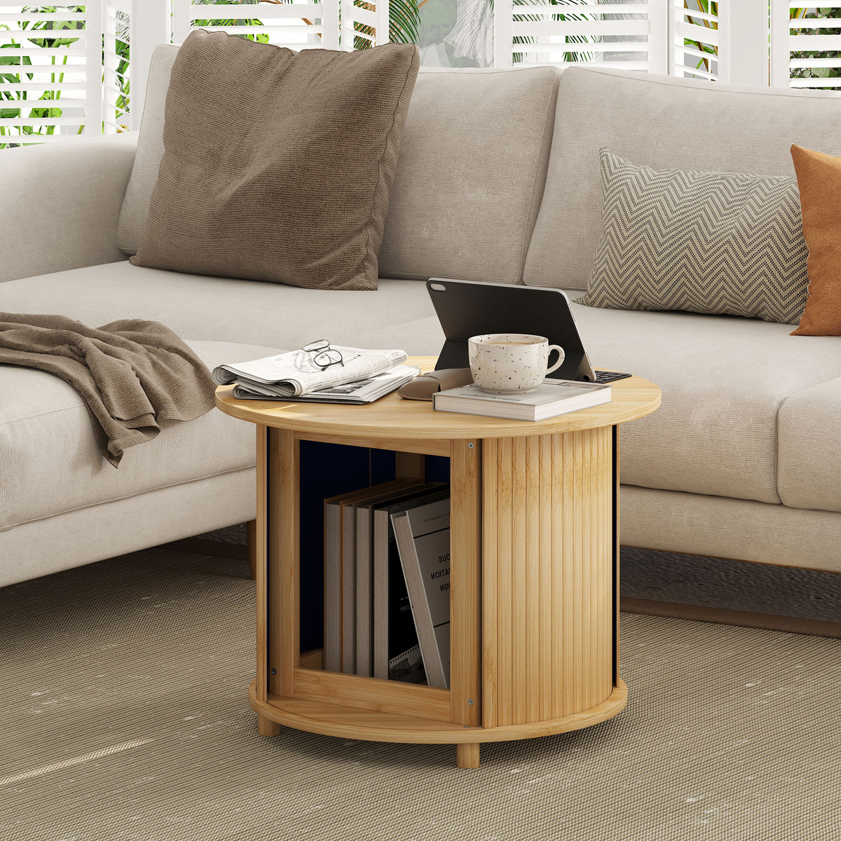 Table basse ronde table de salon en bambou avec rangement caché et porte coulissante, dim. Ø 60 x 45H cm, bois naturel-8
