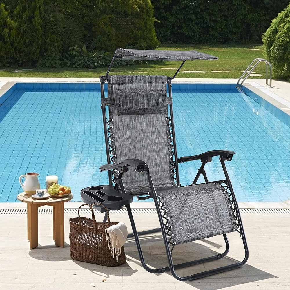 Set di 2 sedie relax grigie con parasole e portabicchiere