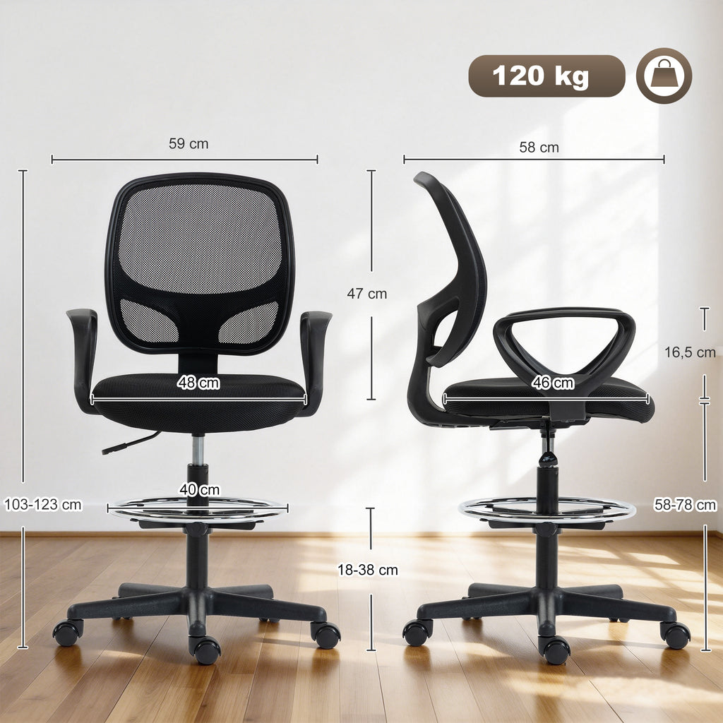 Chaise bureau ergonomique, fauteuil de bureau avec repose-pieds et accoudoirs, hauteur réglable, 59x58x103-123cm, noir-2