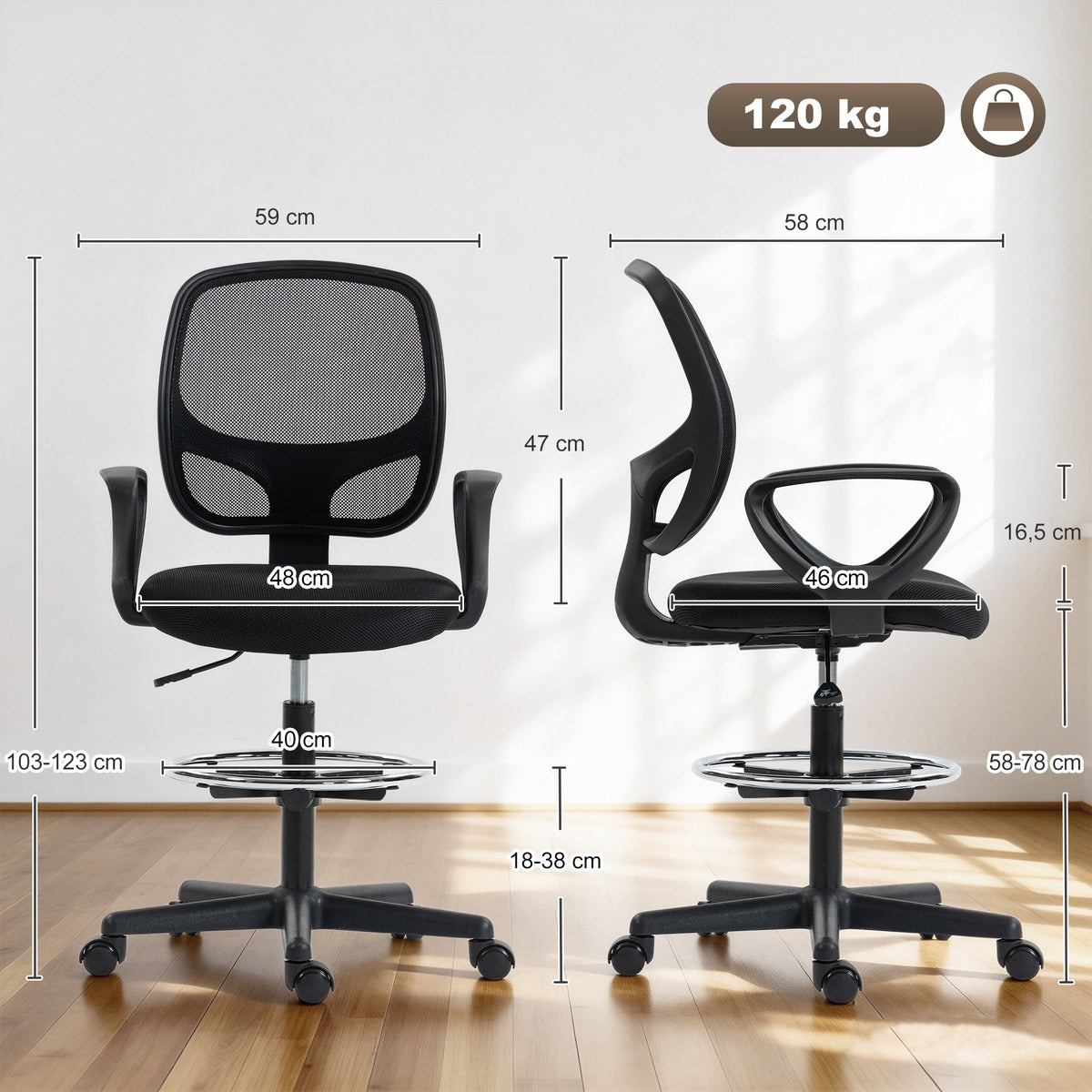 Chaise bureau ergonomique, fauteuil de bureau avec repose-pieds et accoudoirs, hauteur réglable, 59x58x103-123cm, noir-2