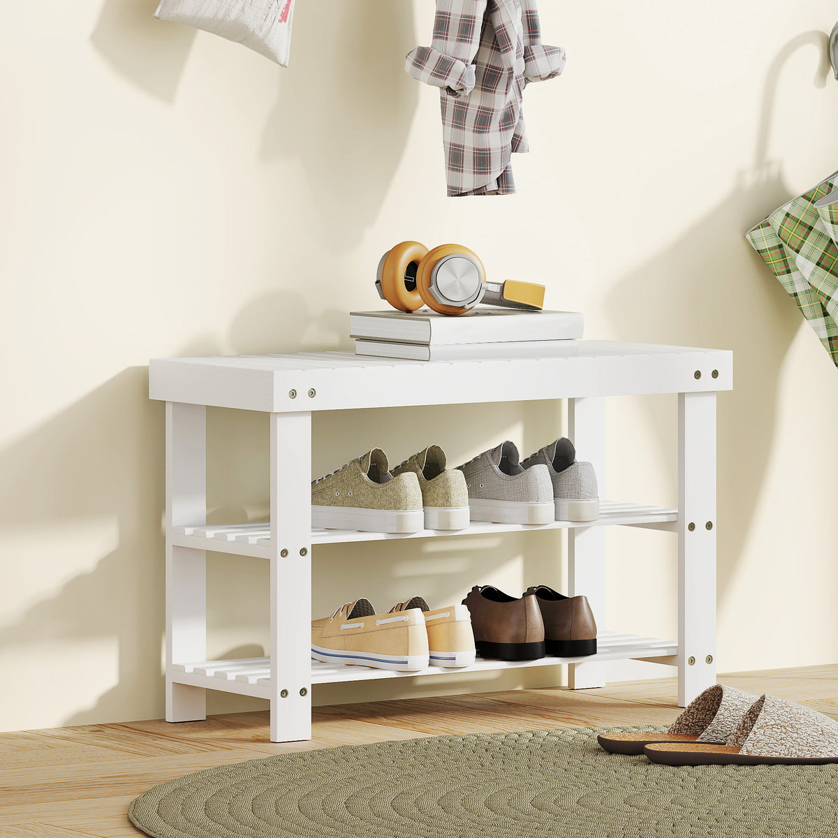 Banc à chaussures en bambou, étagère à chaussures à 3 niveaux, style scandinave, charge 136 Kg, 70 x 28 x 45 cm, blanc-1