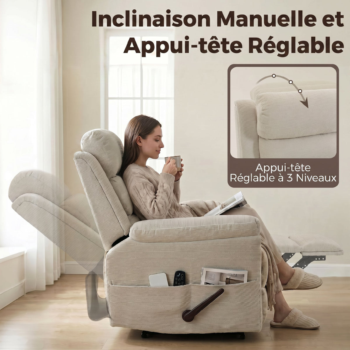 Fauteuil Inclinable de Massage et Chauffage, Fauteuil de Relaxation, Appuie-tête Réglable Poches Latérales, Crème-4
