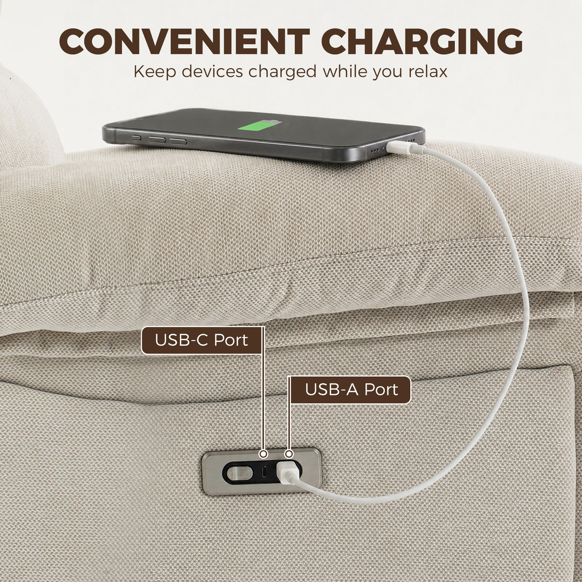 Fauteuil Releveur Électrique Massage et Chaleur Fauteuil Relax Électrique Chenille Ports USB Dossier Inclinable Crème-7