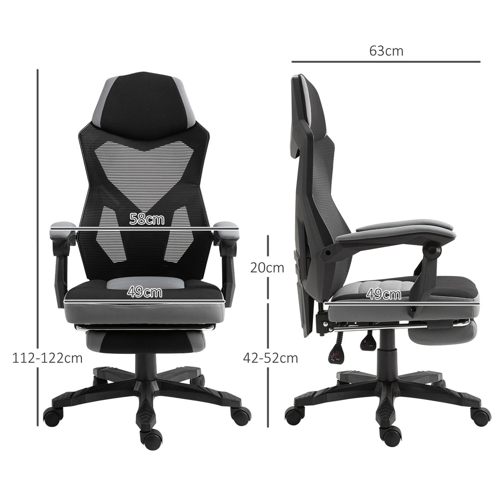 Chaise de bureau fauteuil gaming hauteur réglable dossier roulettes pivotantes repose-pied tissu en maille 58L x 63l x 112-122H cm gris noir-2