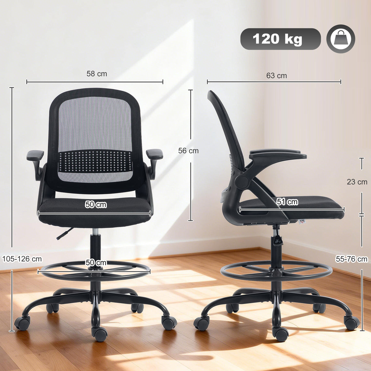 Chaise de bureau en maille, chaise d'ordinateur avec accoudoirs rabattables, hauteur réglable, repose-pieds, noir-2
