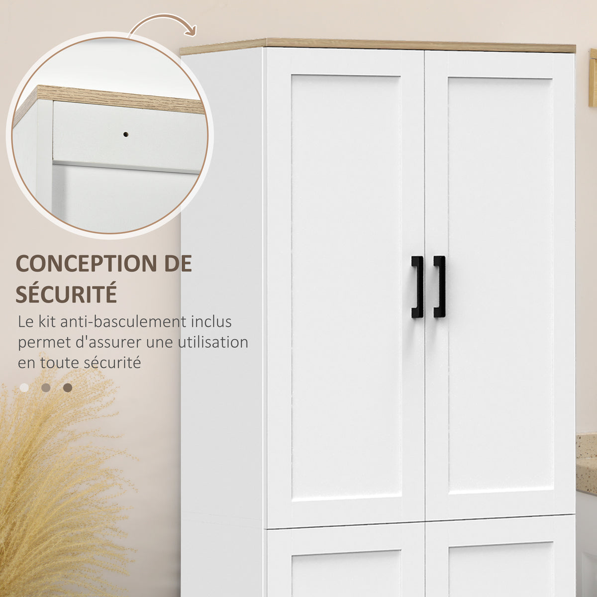 Armoire de cuisine hauteur 170 cm buffet haut avec 4 portes et étagères ajustable, design moderne, blanc-5