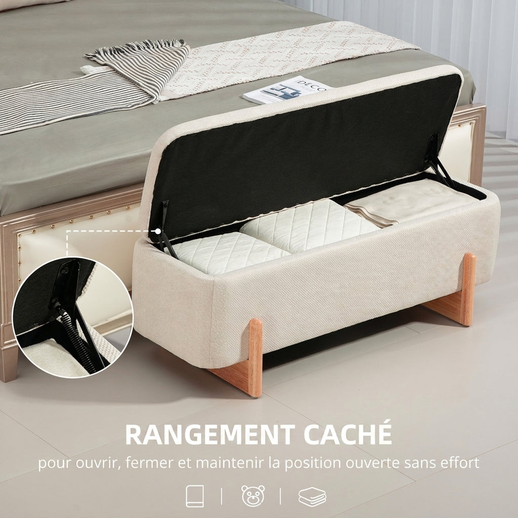 Banc de Rangement, Bout de Lit Rembourré, Charnières de Sécurité, Pieds Forme U en Bois d'Hévéa Stable, Crème-3
