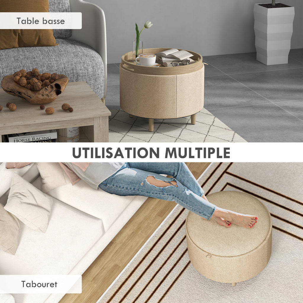 Pouf rond repose-pieds tabouret avec coffre de rangement, plateau réversible, meuble 3 en 1 pied en bois beige-6