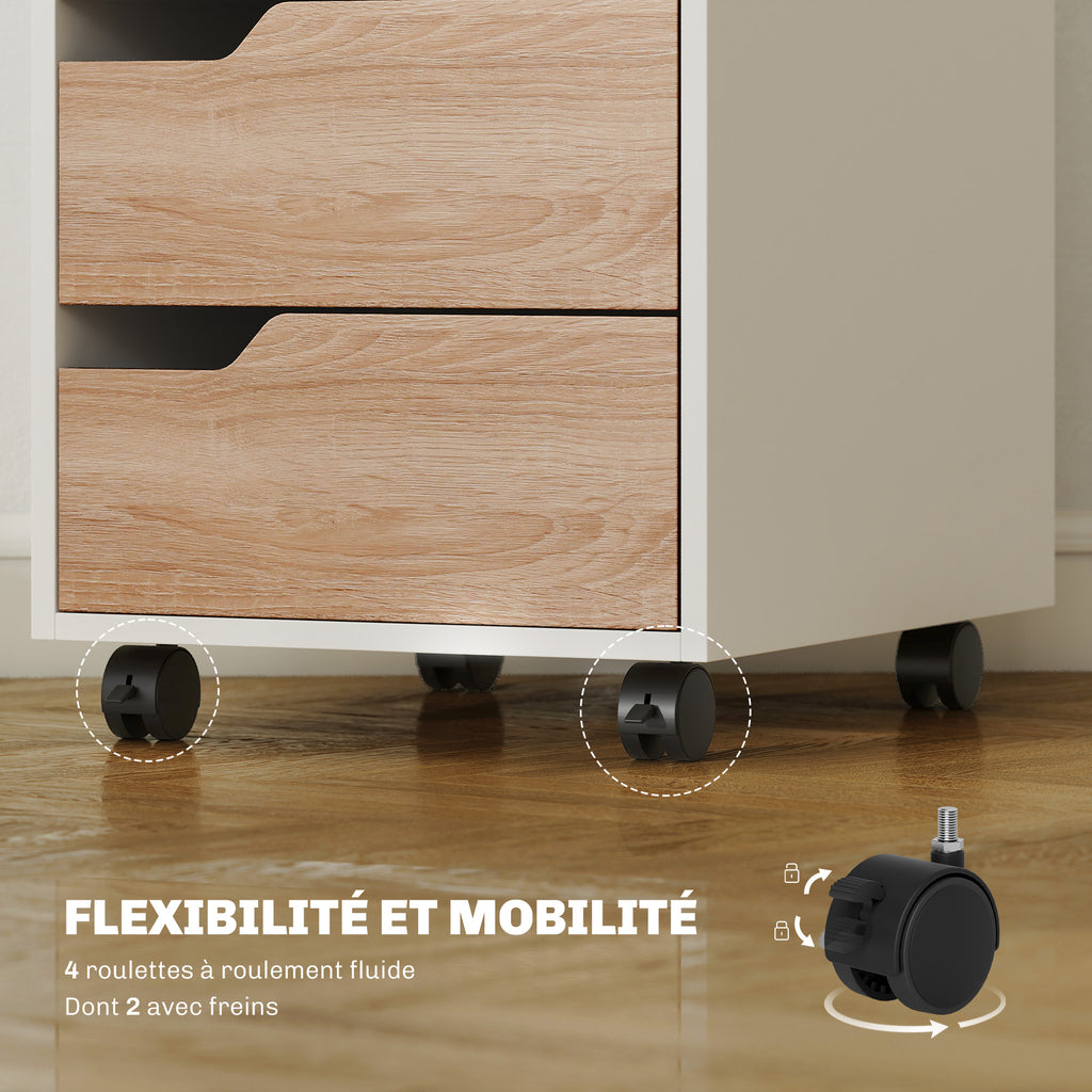 Caisson bureau mobile, meuble rangement bureau sur roulettes, 3 tiroirs, 40x50x57,5cm, blanc et chêne-5