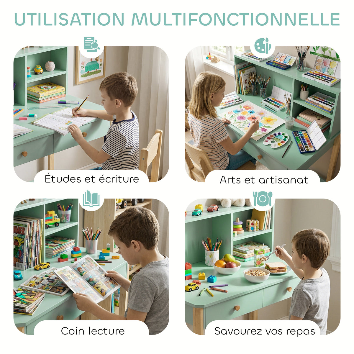 Bureau enfant en bois, bureau avec rangement, 2 tiroirs et 3 compartiments ouverts, plateau large, 90x52x105cm, vert-7
