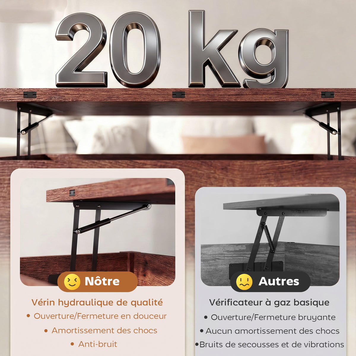 Table basse relevable et extensible table de salon avec compartiment caché étagère ouverte 100x45x50,5cm brun rustique-5