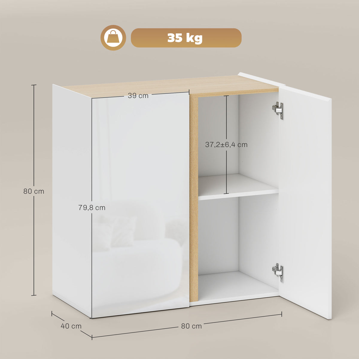 Buffet à haute brillance, meuble de rangement avec 2 portes à fermeture amortie et étagère réglable, 80x40x80cm, blanc-2