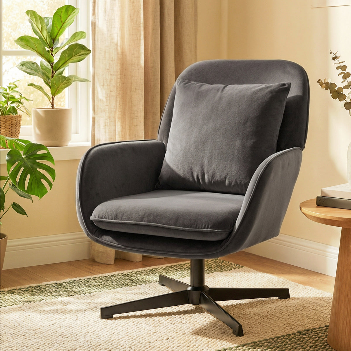 Fauteuil salon, fauteuil d'appoint rembourré en velours avec large assise, coussin et structure en métal, gris foncé-9